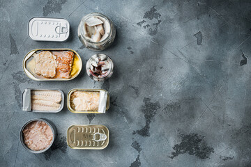 Canned fish, top American preserves, on gray background, top view flat lay, with copyspace  and space for text