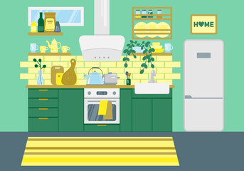 Cozy kitchen with furniture, stove, refrigerator and utensils. Kitchen interior. Flat vector