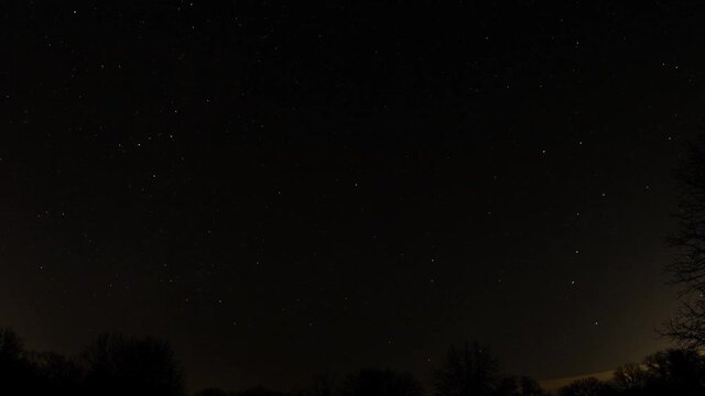 Winter overnight time lapse with stars and constellations traveling around the centerpiece, Polaris, the North Star