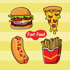 Fast Food Cartoon Buger Pizza Hotdog French Fries