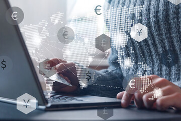 global currency, international financial online, money transfer, stock exchange, shopping online concept in gray tones