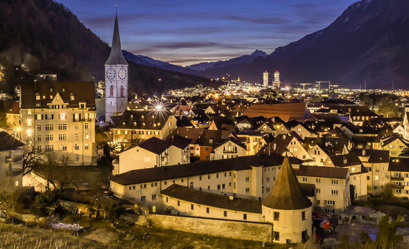 Cityscape of Chur in Switzerland at the blue hour
