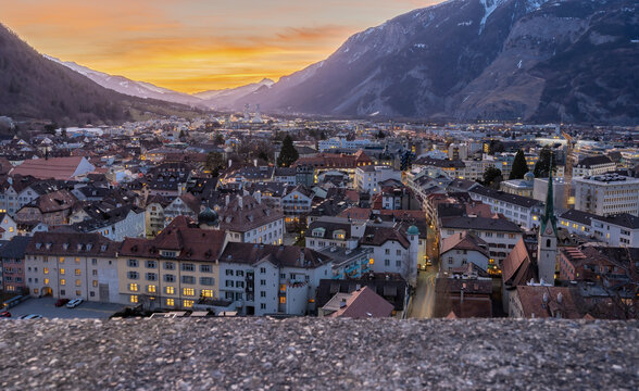Cityscape of the medieval town of Chur, which is also the oldest town in Switzerland, at sunset