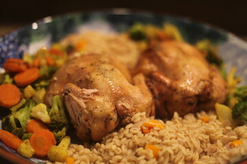 TWO HEN, ROAST, BAKE, RICE, VEGETABLE, ON A PLATER