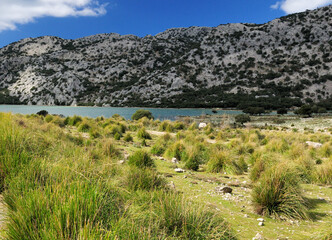 Fototapeta na wymiar View To Barren Landscape At Lake Cuber In The Tramuntana Mountains On Balearic Island Mallorca On A Sunny Winter Day With A Few Clouds In The Clear Blue Sky