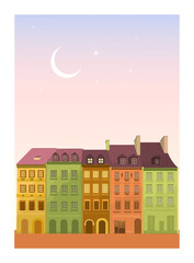 Cozy city, cozy cute hand drawn town. Postcard with houses. Vector modern flat illustration in hand drawn style. European city.