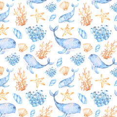Watercolor marine pattern of multicolored seashells,starfish, multicolored corals and blue whales for design, decoration.Great for cards, posters,coupons,baby products,decorative paper and any design.