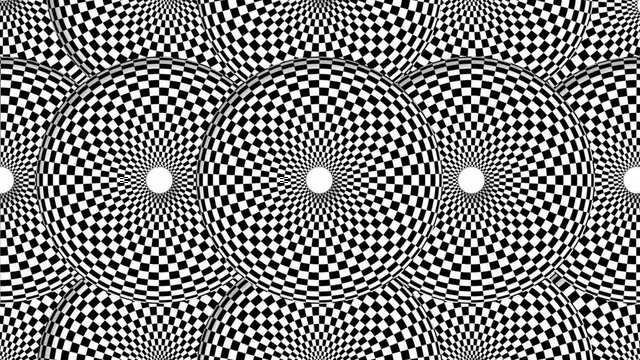 Optical illusion circle. Checkered white and black circles. Seamless loop 4k hypnotic background.