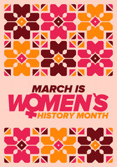 Women's History Month. Celebrated annual in March, to mark women’s contribution to history. Female symbol. Women's rights. Girl power in world. Poster, postcard, banner. Vector illustration