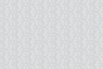 Geometric convex volumetric background from a relief ethnic pattern. 3d white wallpaper with stylized figures.