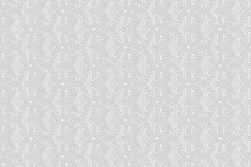 Geometric convex volumetric background from a relief ethnic pattern. 3d white wallpaper with stylized figures.