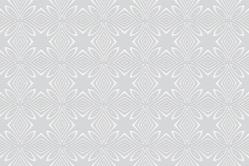 Geometric convex volumetric background from a relief ethnic pattern. 3d white wallpaper in oriental folk style.