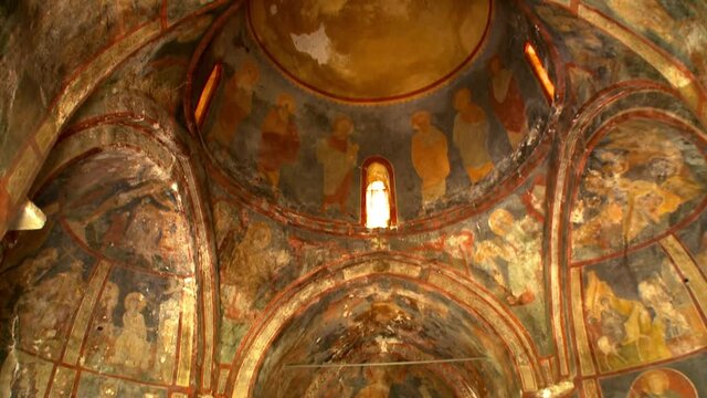 Rhodes Greece Fountoukli Small Byzantine church of the 15th century elaborately frescoed walls in a rural, on the mount of prophet Elias