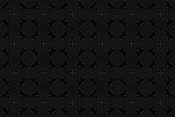 Geometric convex volumetric background from a relief ethnic African, Mexican, Aztec pattern. 3d black wallpaper for presentations.