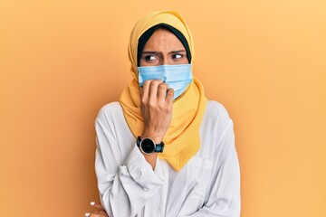 Young brunette arab woman wearing traditional islamic hijab and medical mask looking stressed and nervous with hands on mouth biting nails. anxiety problem.