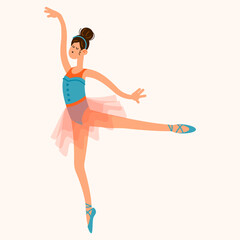 Dancing ballerina girl in a ballet tutu costume. Hand drawn vector illustration in cartoon flat style.
