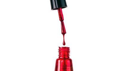 Close up of brilliant nail polish on isolated white background. Bright red lacquer for manicure.
