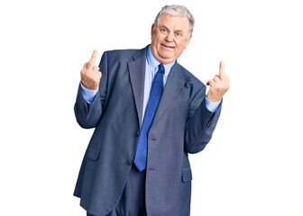 Senior grey-haired man wearing business jacket showing middle finger doing fuck you bad expression, provocation and rude attitude. screaming excited