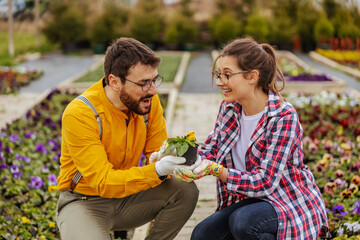 Man in love giving pot with flowers to his girlfriend. Small business owners.