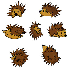 Set of cute hedgehogs in various poses, thorny animals top and side view for design and creativity
