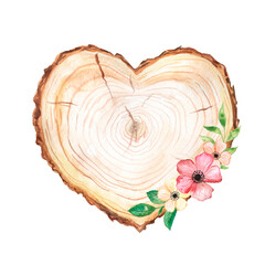 Watercolor illustration of a cut of a tree in the form of a heart, wooden slab with flowers
