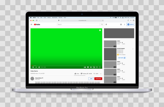 Realistic Vector Mockup, Apple MacBook Pro Displaying Safari With A Fully Editable YouTube Video Page. Transparent Background.