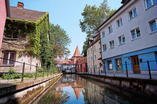 Architecture of Memmingen. The river chanel in old town.