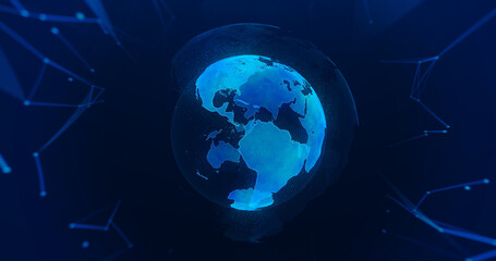 Planeta azul 3D digital tierra iluminada con partículas sobre fondo oscuro  © MotionG