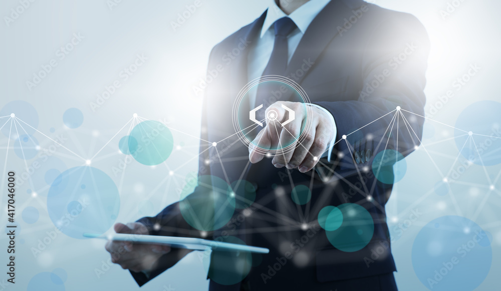 Poster Technology and solution for business. Businessperson touching and accessing network.