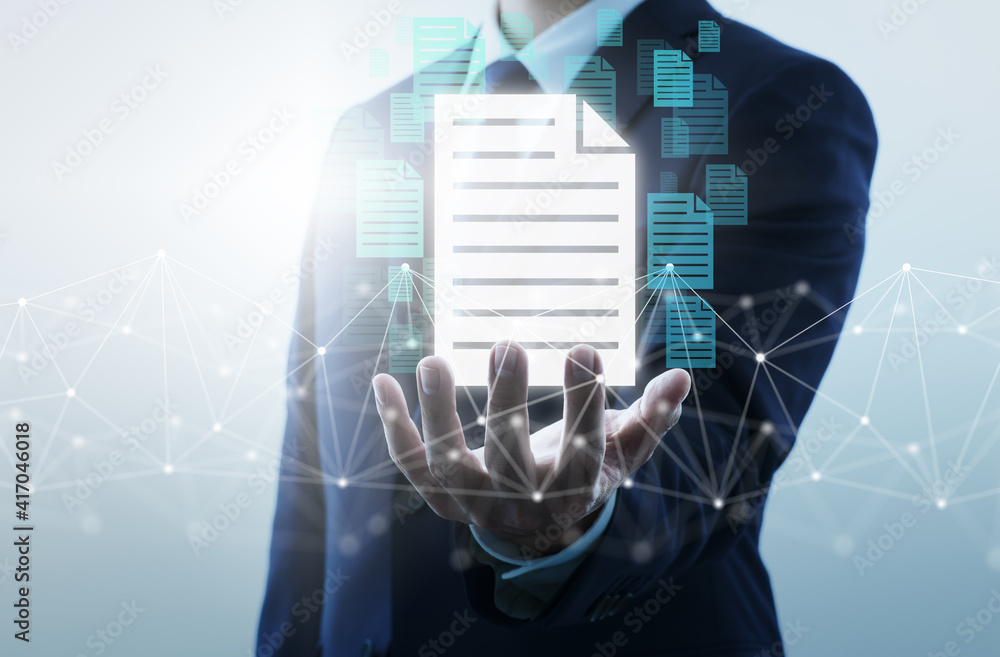 Aufkleber Document management system. Businessperson accessing files on cloud. Network structure and file icons.