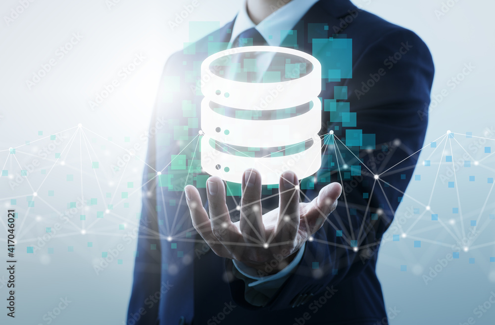 Poster Database and network technology. Businessperson, network structure and database icon.