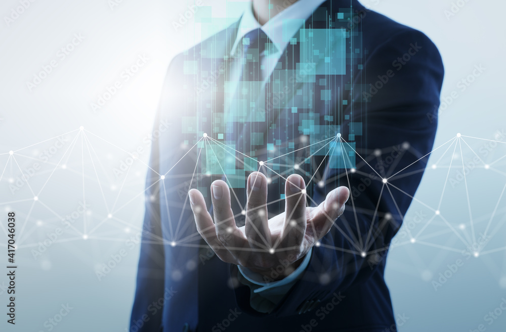 Poster Analyst and data network. Getting information via internet. Businessperson and network structure.