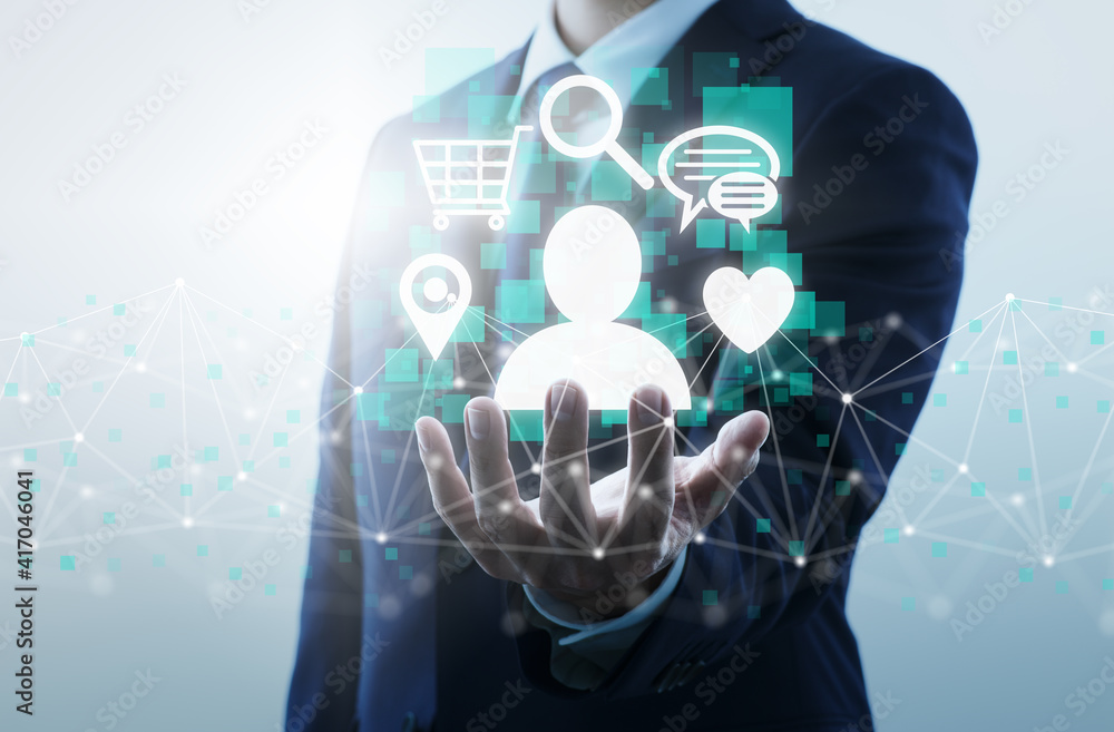 Poster Digital marketing and information about customers. Businessperson holding network structure and customer icons.