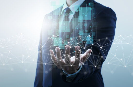 Analyst and data network. Getting information via internet. Businessperson and network structure.