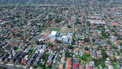 Naklejka premium Panoramic aerial view of Broadmeadows Houses roads and parks in Melbourne Victoria Australia