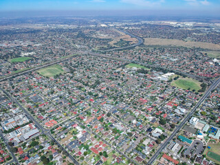 Panoramic aerial view of Broadmeadows Houses roads and parks in Melbourne Victoria Australia