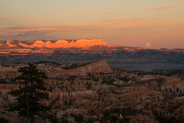Naklejka premium dramatic sunset with the harvest full moon in view in Bryce Canyon National Park in Utah