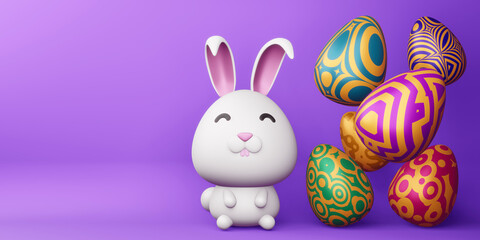 Happy easter day, cute bunny with colorful egg, 3d rendering.