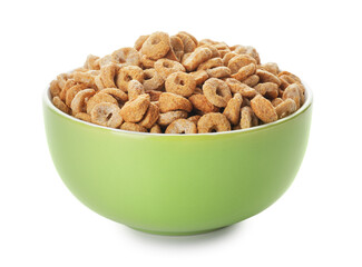 Bowl of tasty cereal rings on white background