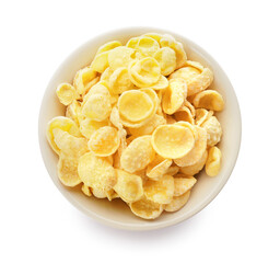 Bowl with tasty cornflakes on white background