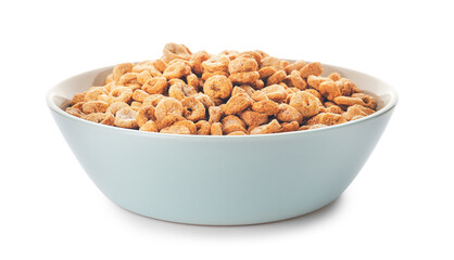 Bowl of tasty cereal rings on white background
