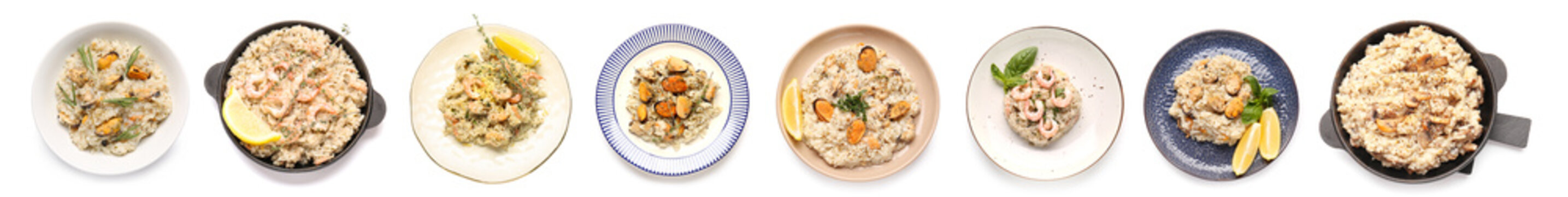 Set of tasty risotto on white background