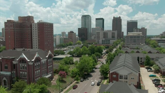 Aerial: flying over the Birmingham city skyline. Alabama, USA