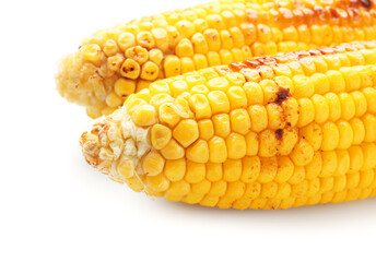 Tasty grilled corn cobs on white background, closeup