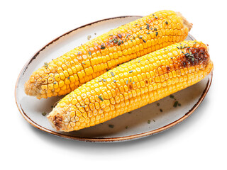 Plate with tasty grilled corn cobs on white background