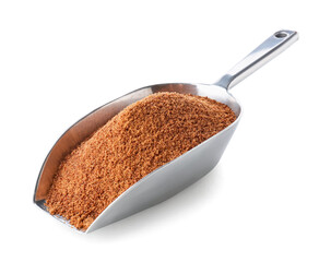 Scoop of sweet coconut sugar on white background