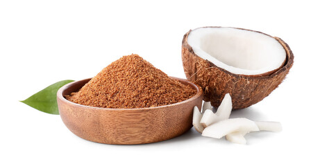 Sweet coconut and sugar on white background