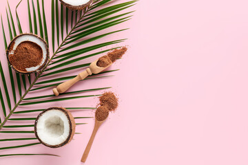 Fototapeta na wymiar Sweet coconuts and sugar on color background