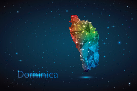 Abstract Polygon Map of Dominica. Vector Illustration Low Poly Color Rainbow on Dark Background