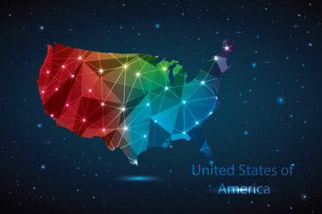 Abstract Polygon Map of United States of America. Vector Illustration Low Poly Color Rainbow on Dark Background